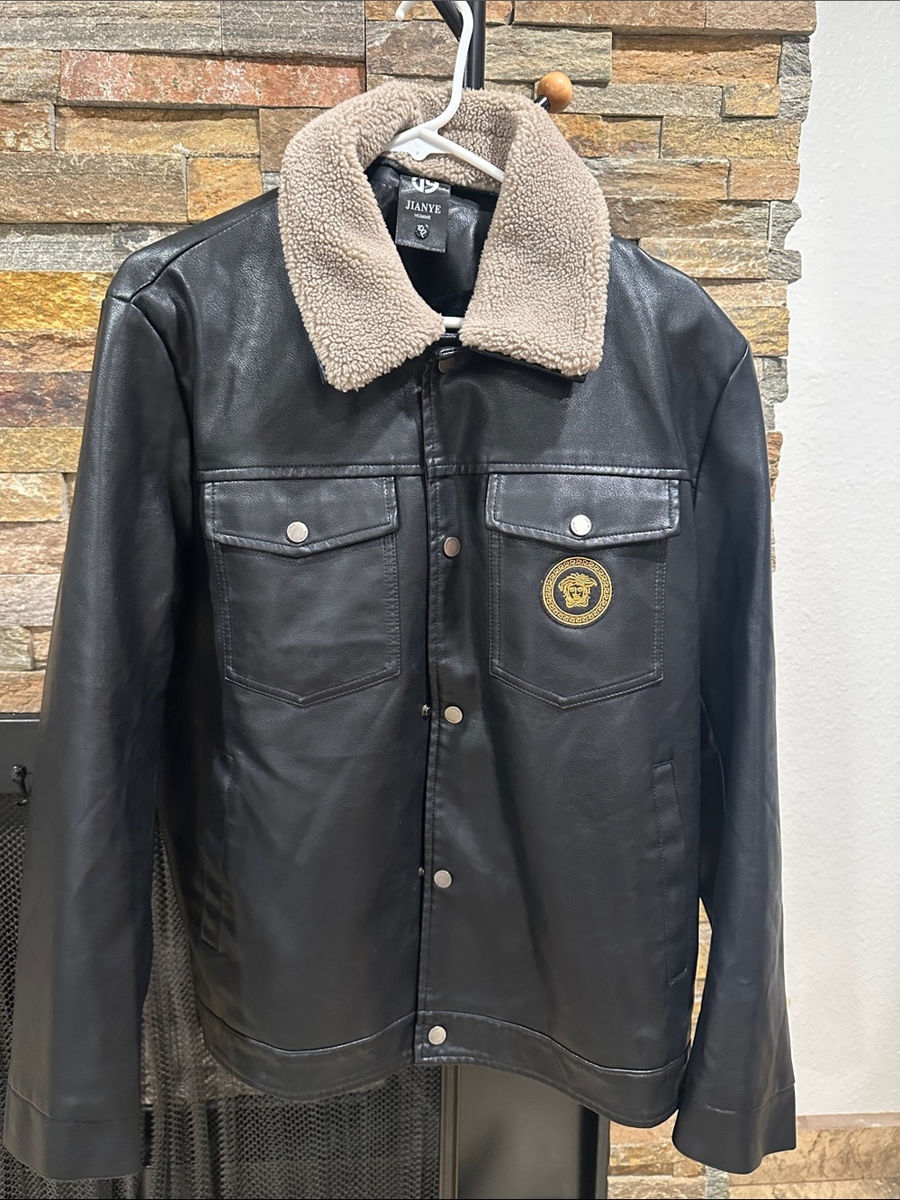 Black Leather Jacket with Sherpa Collar size L